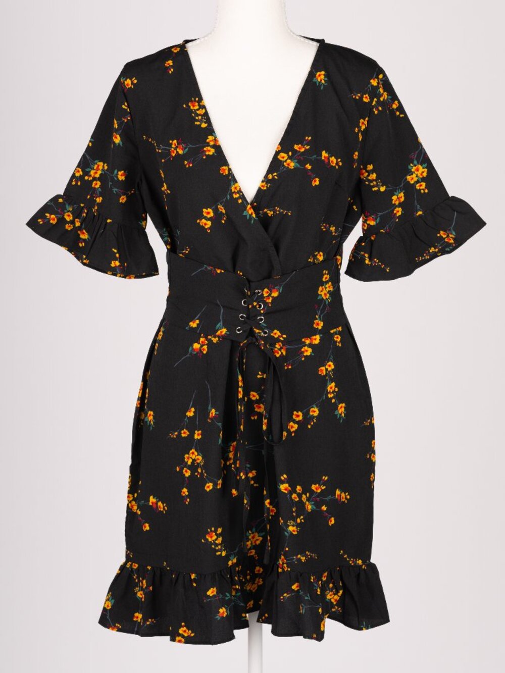 PrettyLittleThing Black Floral Corset Swing Dress Ruffle Mini EUC Size 12